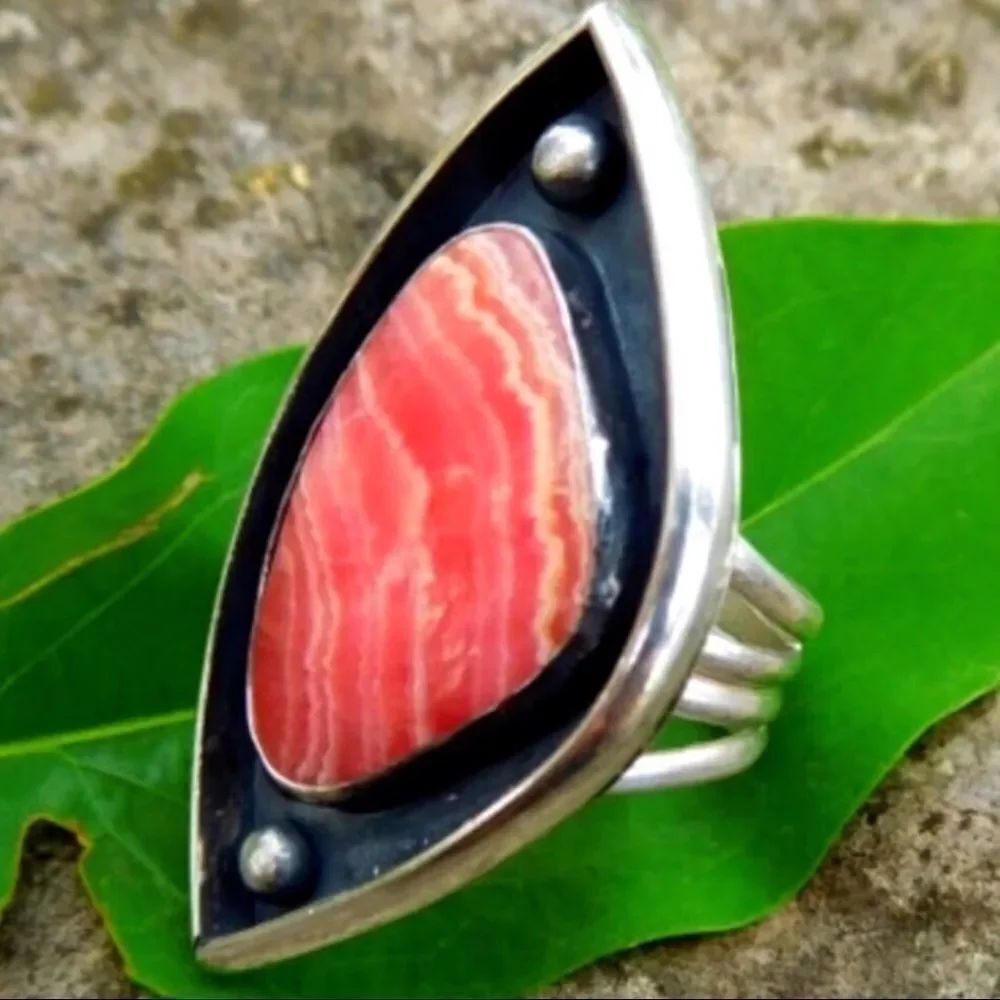 Pink Rhodochrosite Natural Stone Sterling Silver Statement Ring Handcrafted USA